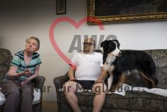 Eine alte Frau Seniorin und ein alter Mann Senior sitzen mit einem Hund in einem Aufenthaltsraum